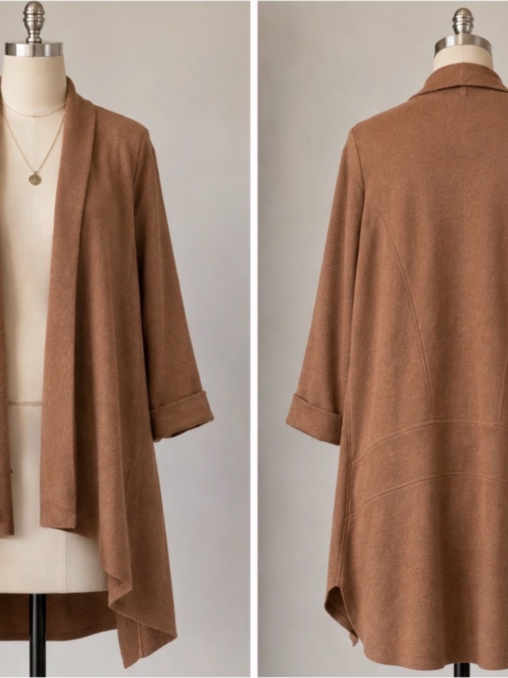 Noize Camel Brown Open-Front Draped Cardigan